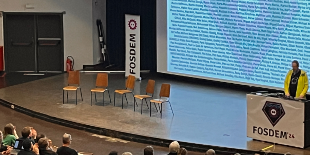 A picture of the main stage at FOSDEM 2024